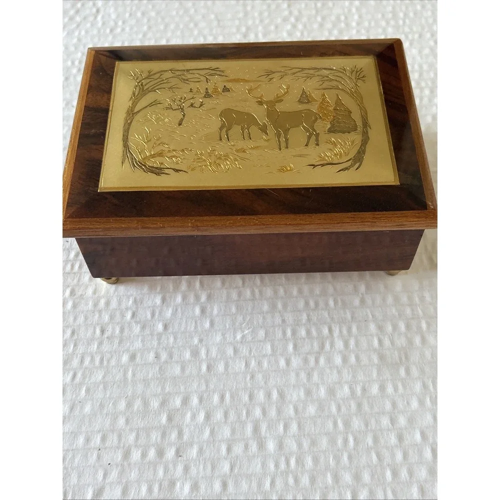 Vintage Reuge Wooden Music Box Red Felt Inside Plays White Christmas